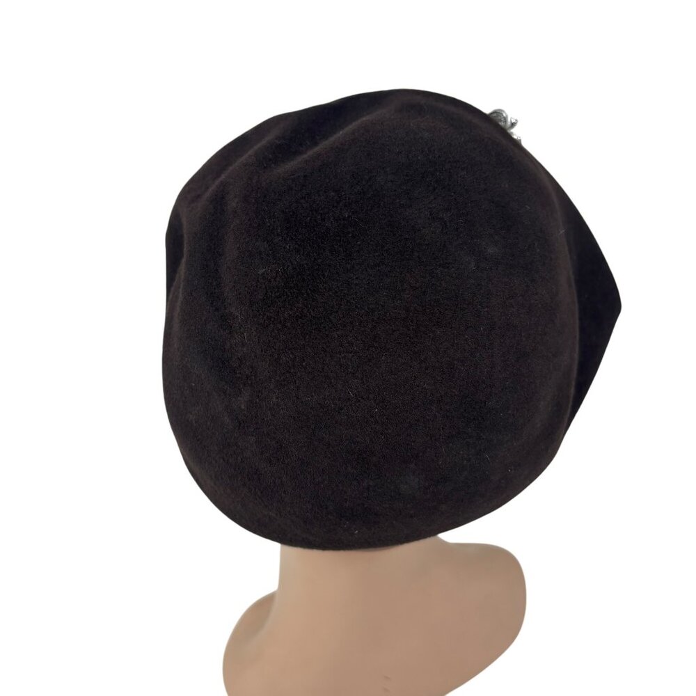 Vintage 1950s Brown Hat Womens Brown Wool Pointed Cap With Silver Brooch - Picture 9 of 12